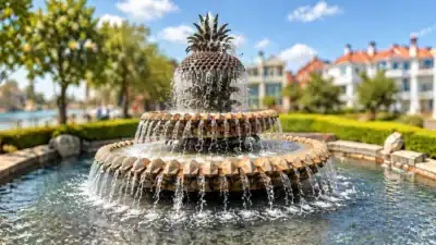 Pineapple-shaped stone fountain with water cascading into a pool on a sunny day.